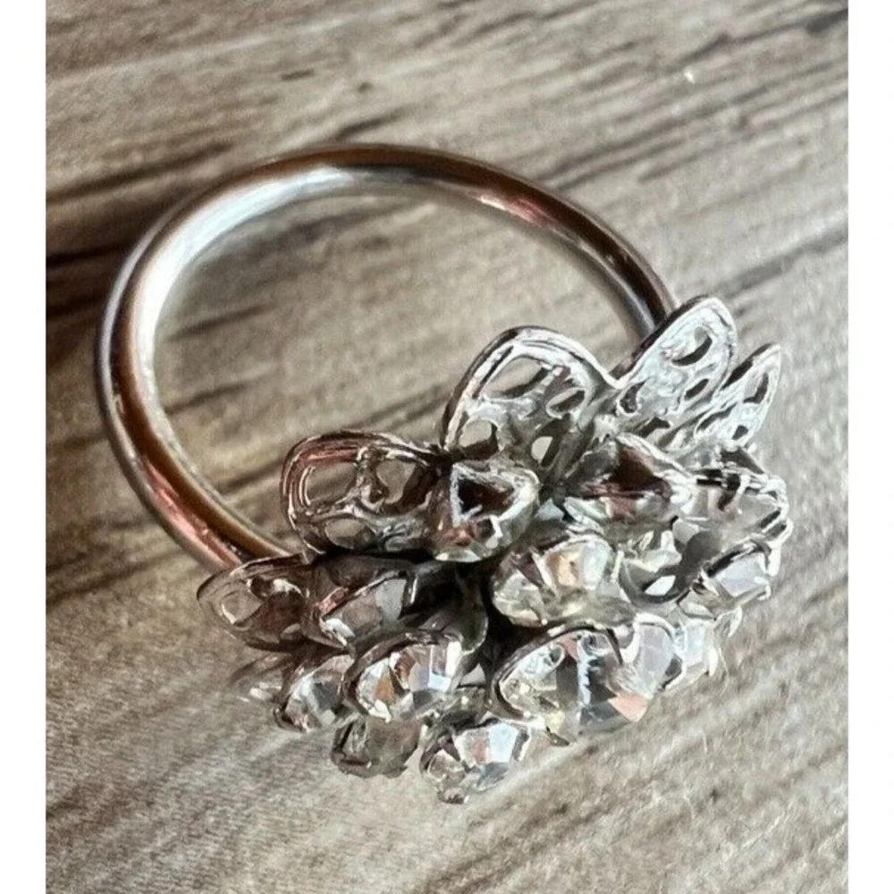 Vintage Sarah‎ Coventry Adjustable Silver Tone Rhinestone Cluster Ring 1960s MCM